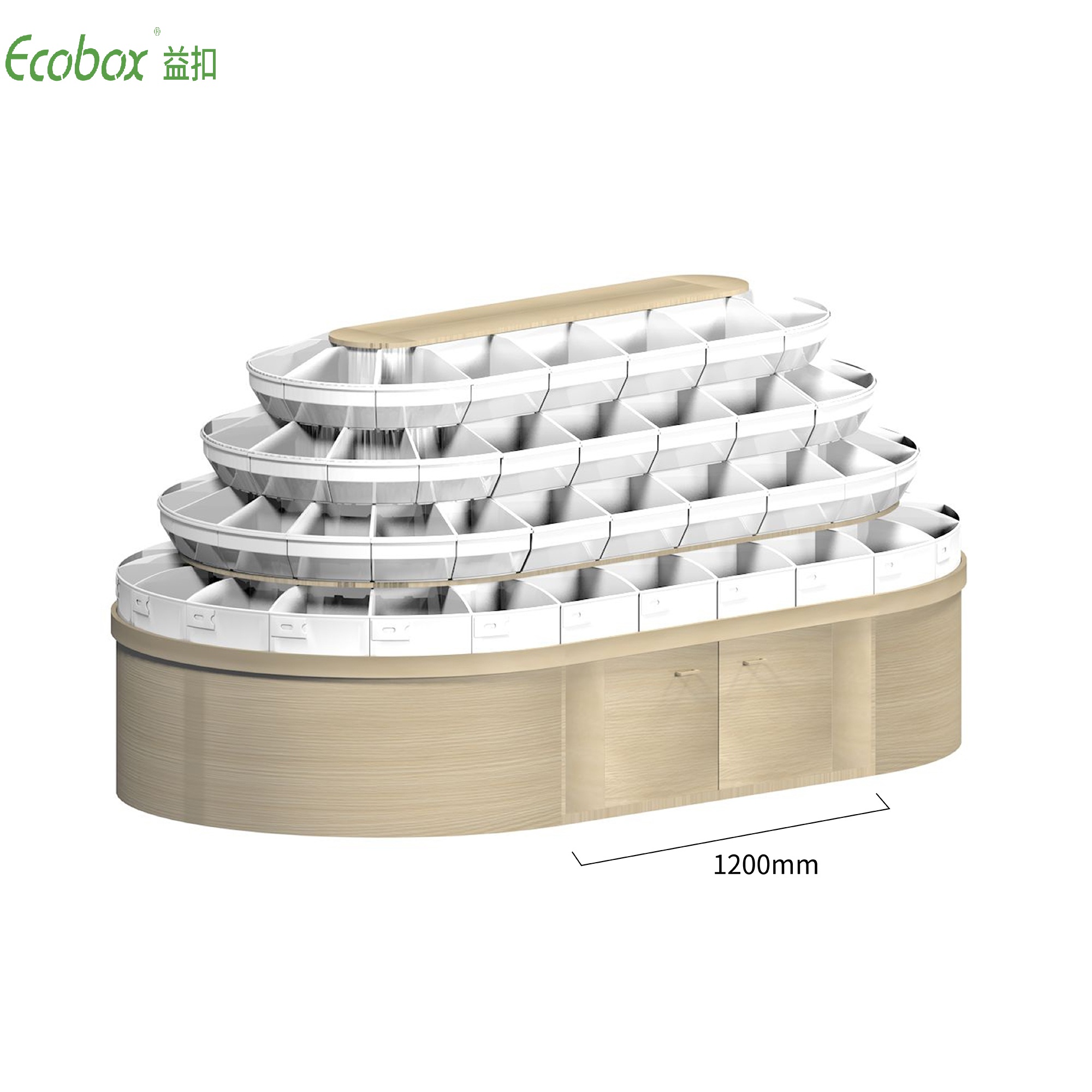 Rundes Regal der Ecobox G008-Serie mit Ecobox-Großbehältern für Supermarkt-Großlebensmitteldisplays