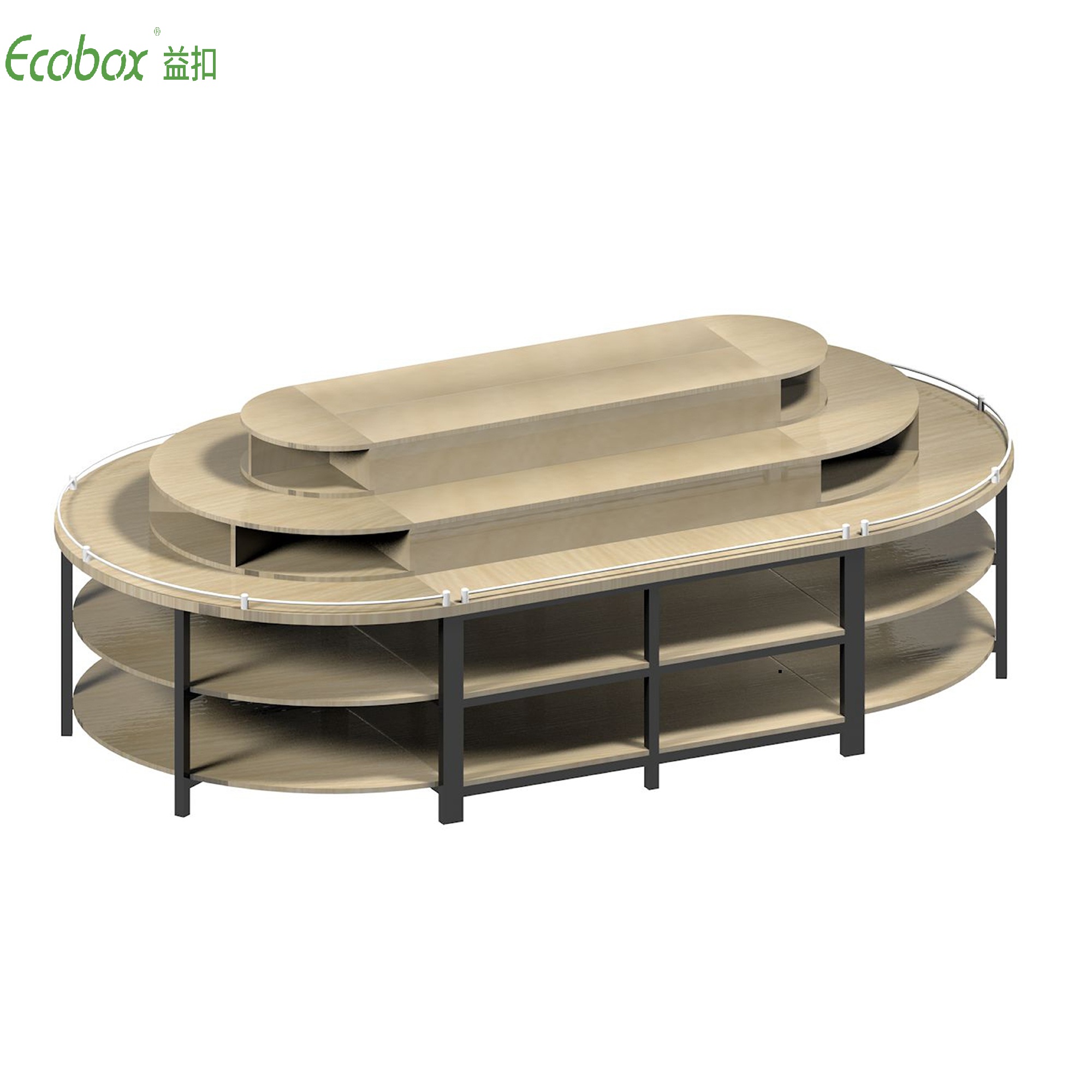 Rundes Regal der Ecobox G005-Serie mit Ecobox-Großbehältern für Supermarkt-Großlebensmitteldisplays