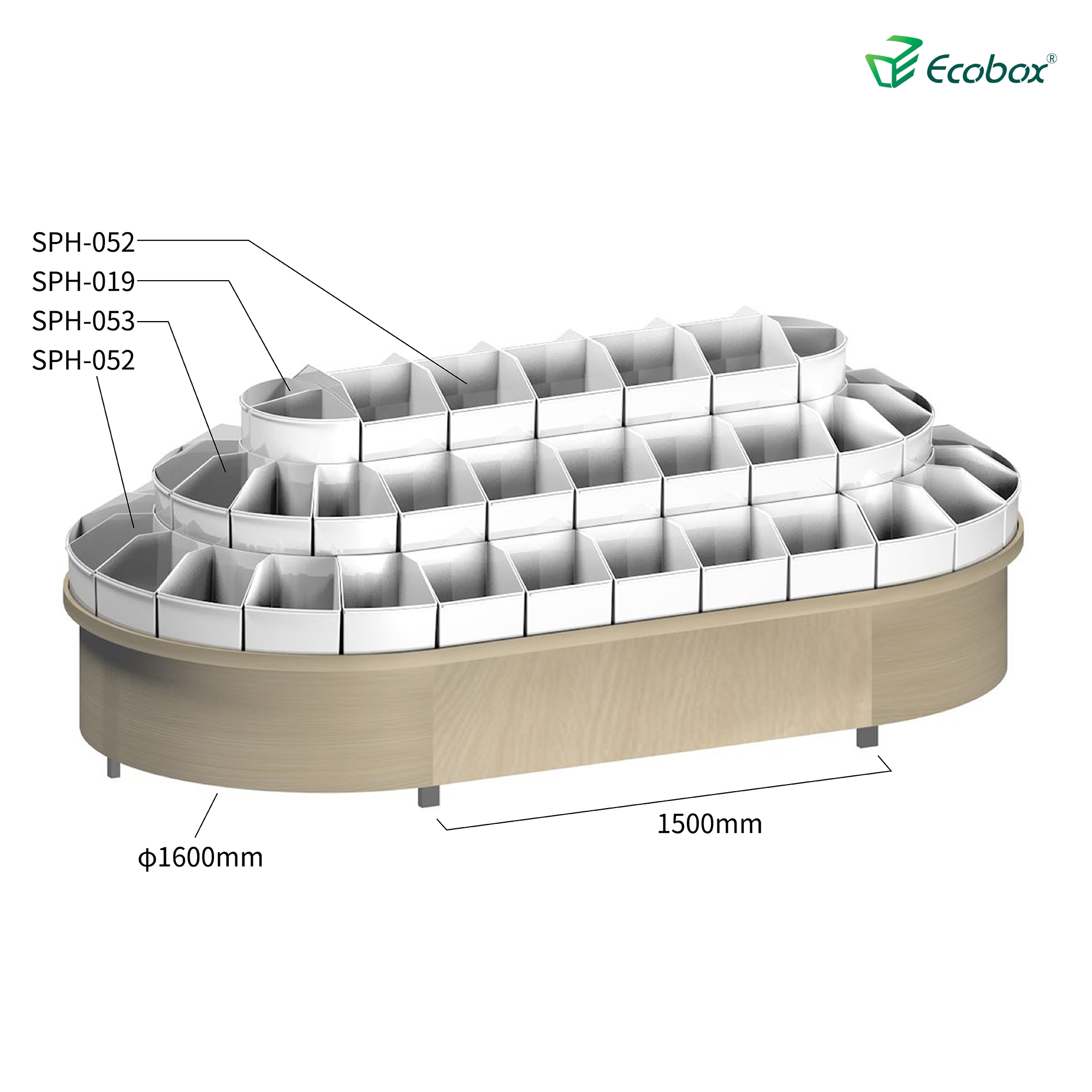 Rundes Regal der Ecobox G003-Serie mit Ecobox-Großbehältern für Supermärkte