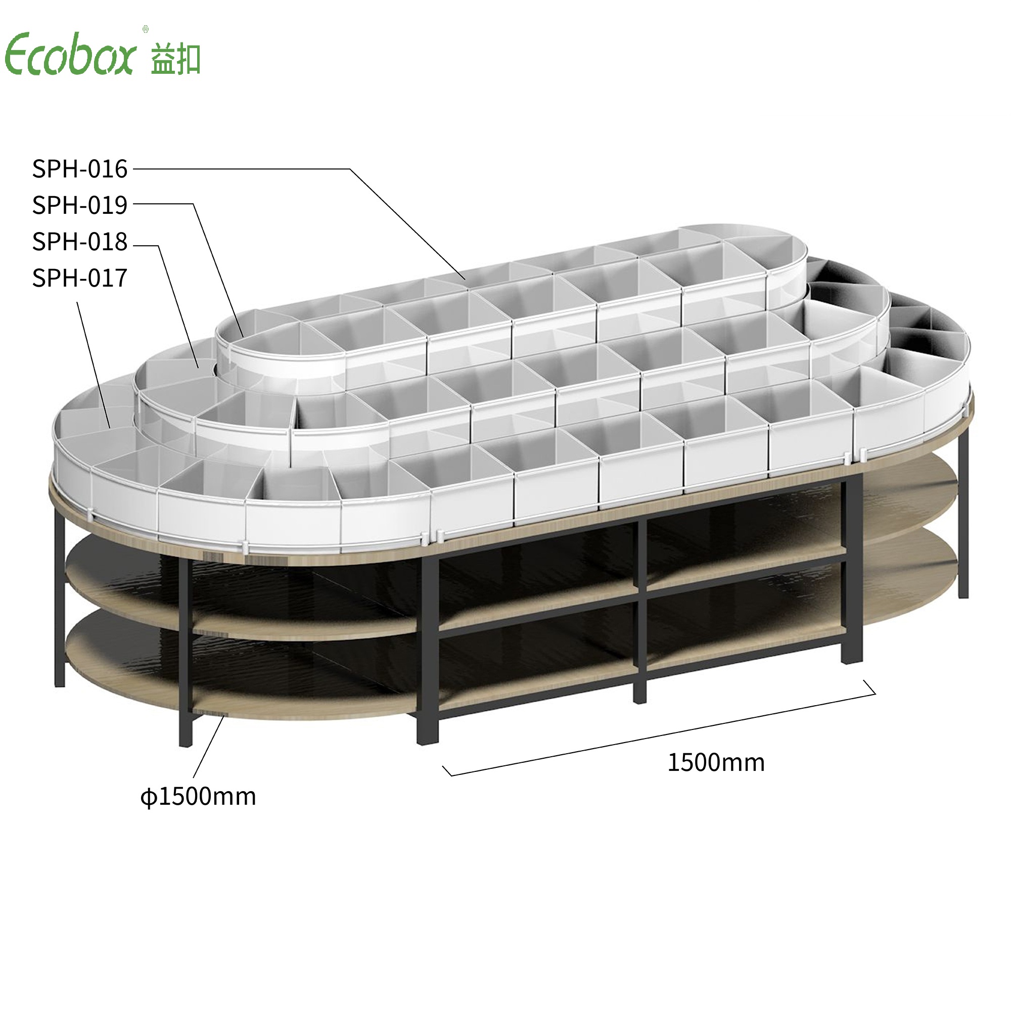 Rundes Regal der Ecobox G005-Serie mit Ecobox-Großbehältern für Supermarkt-Großlebensmitteldisplays