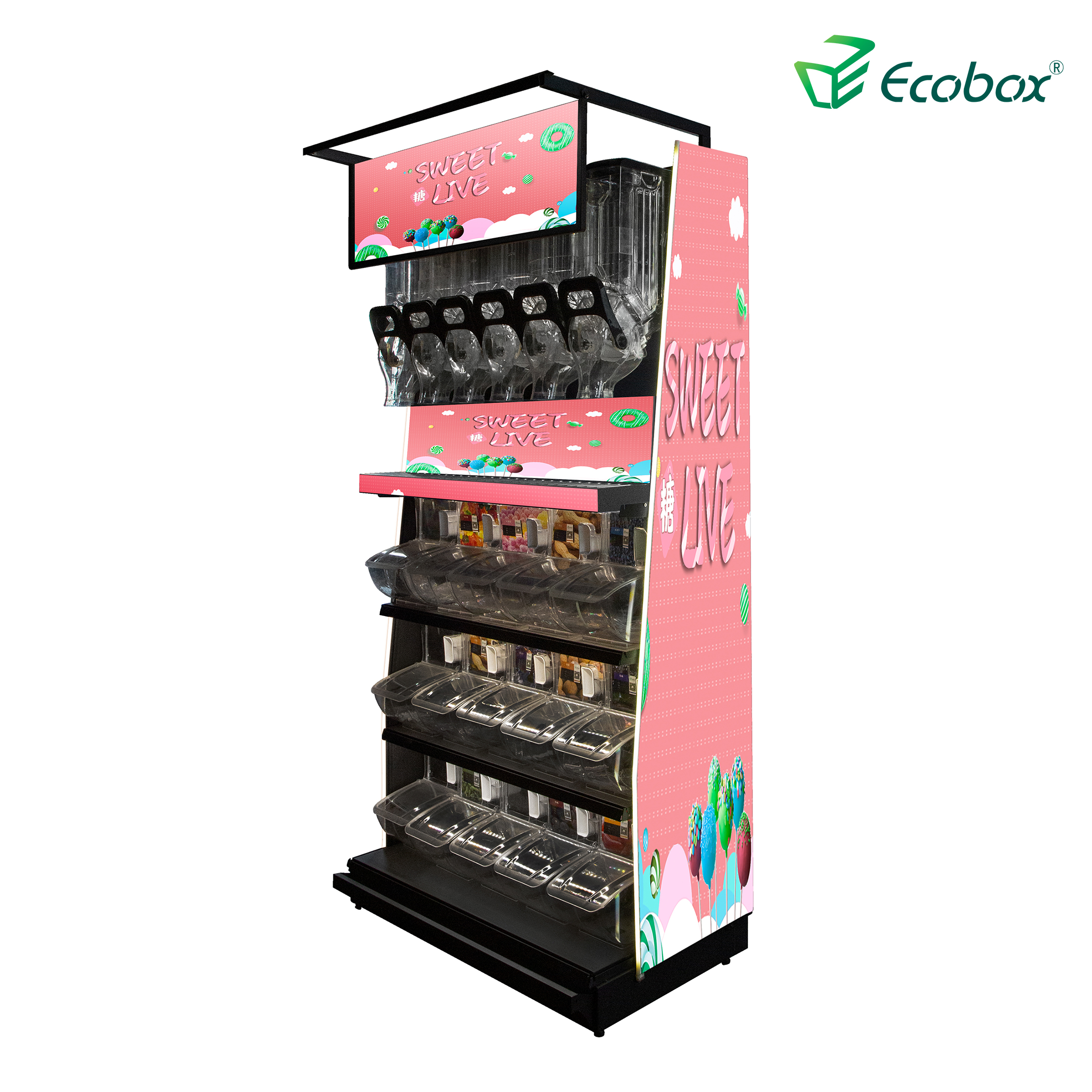 Ecobox TG-0615 Pick-and-Mix-Lösung für Süßigkeitsnüsse im Ausstellungsregal für den Massenverkauf mit Schüttgutbehälter und Schaufelbehältern