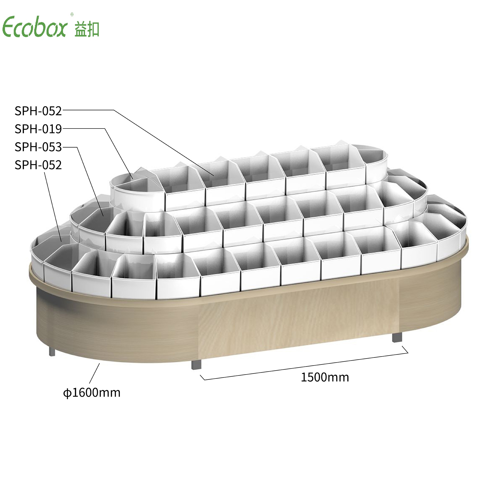 Rundes Regal der Ecobox G003-Serie mit Ecobox-Großbehältern für Supermarkt-Großlebensmitteldisplays