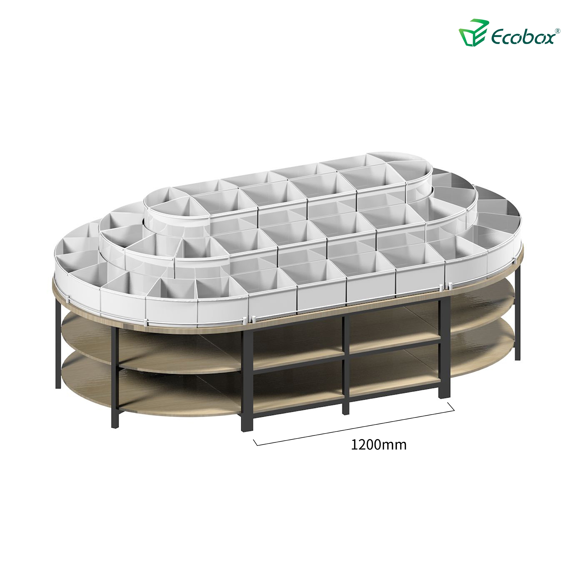 Rundes Regal der Ecobox G005-Serie mit Ecobox-Großbehältern für Supermärkte