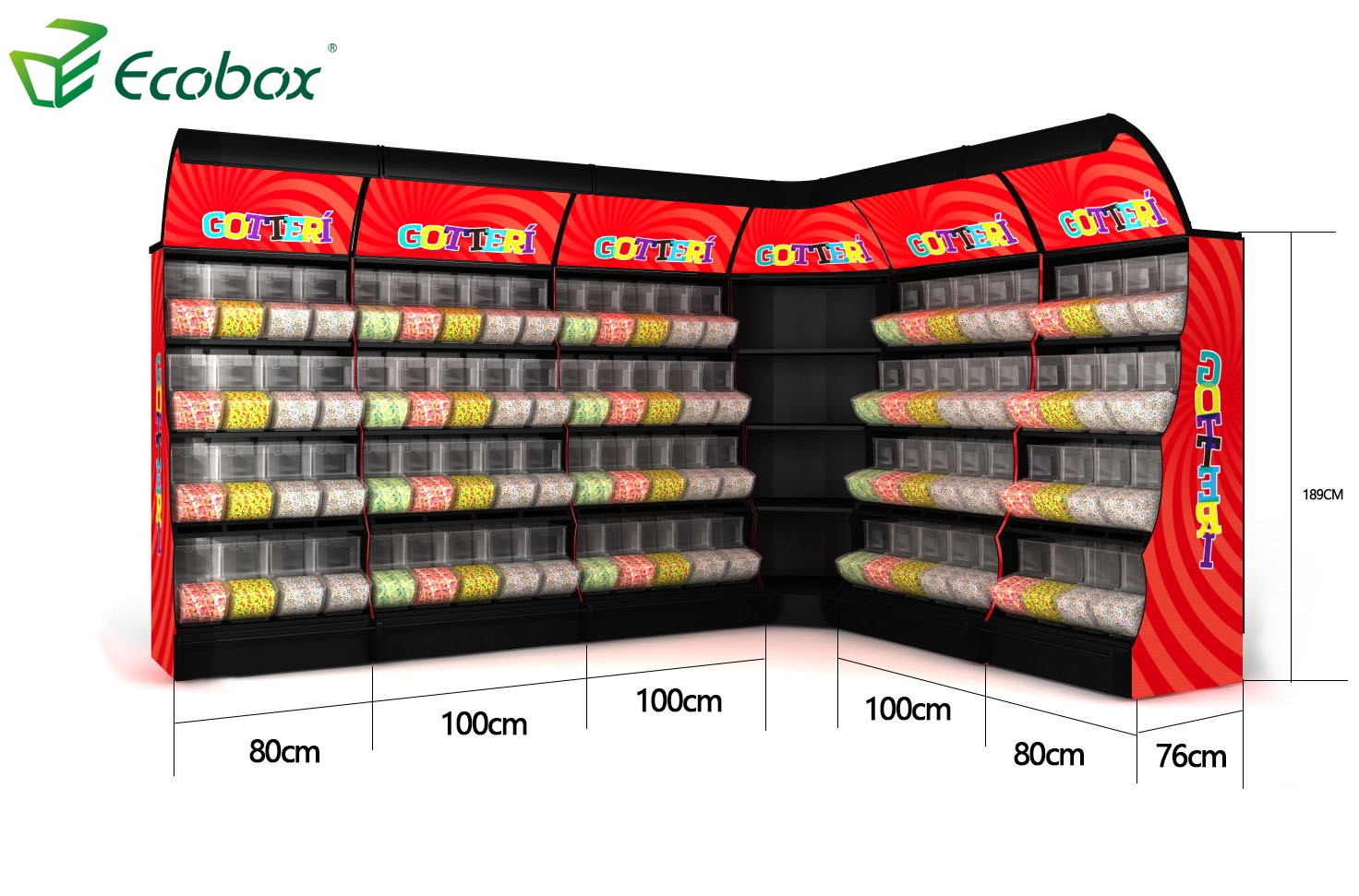 Ecobox TG-06101A Metall-Süßigkeitenständer-Anzeigen-Regal-Rack mit SCOOP-Bins Schwarze Farbe